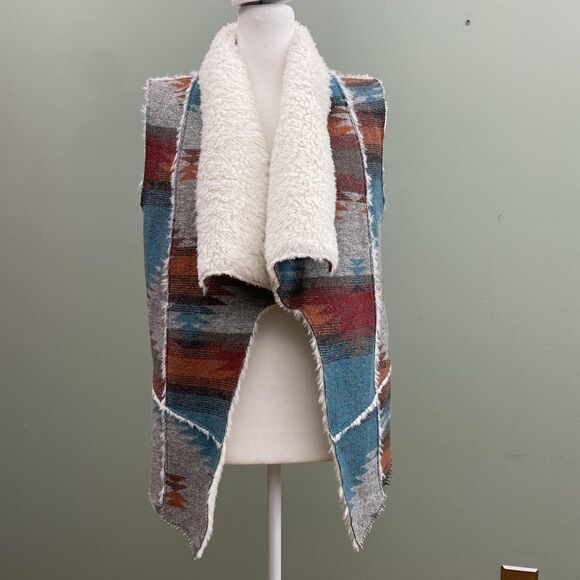 Mossimo Supply Vest Womens Medium Gray Teal Aztec Sherpa Lined Open Front - Picture 2 of 11